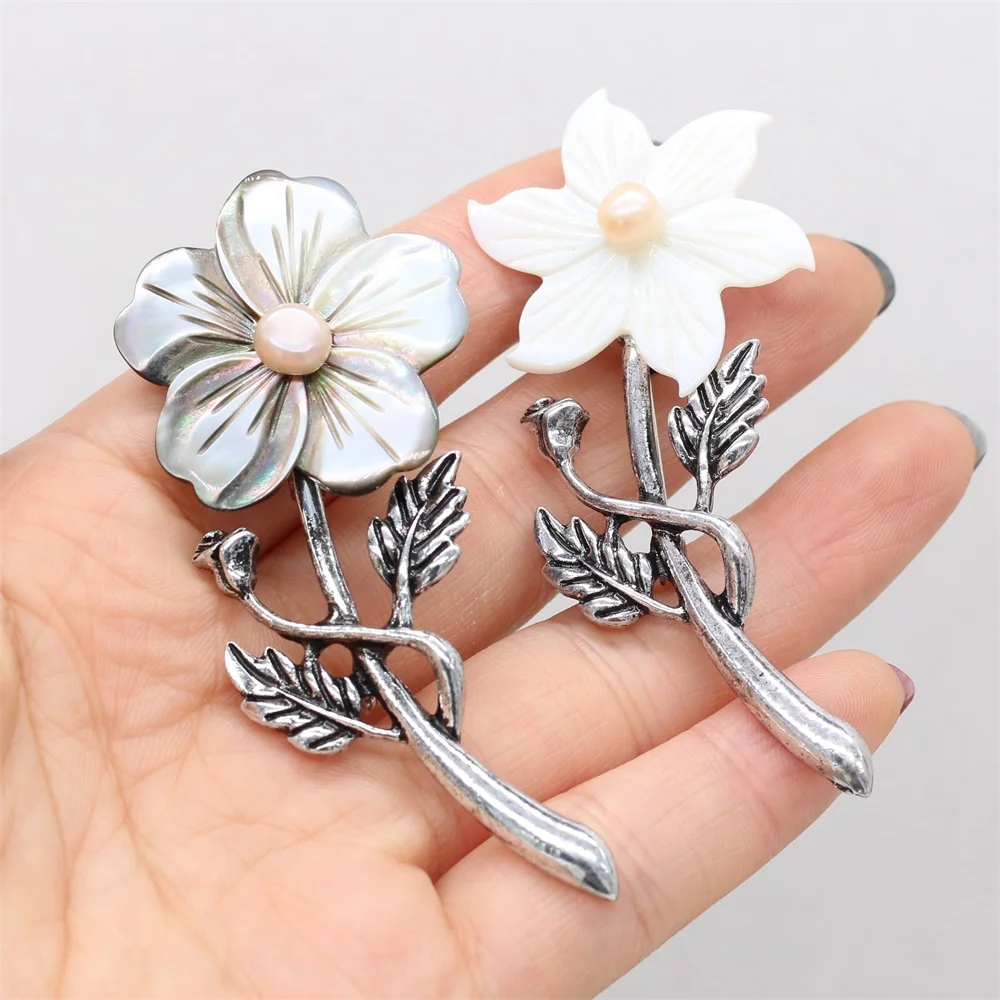 

Natural Shell Pearl Flower Shaped Lady Brooch Pendant DIY Necklace Bracelet Jewelry Gift Making Wholesale Size 30x70Mm