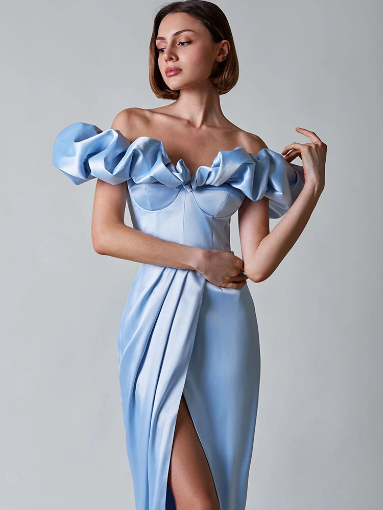 

Sexy Off Shoulder Summer Dress Women White Blue Short Puff Sleeve Wrap Chest Long Vestidos Female Fashion Elegant Evening Dress