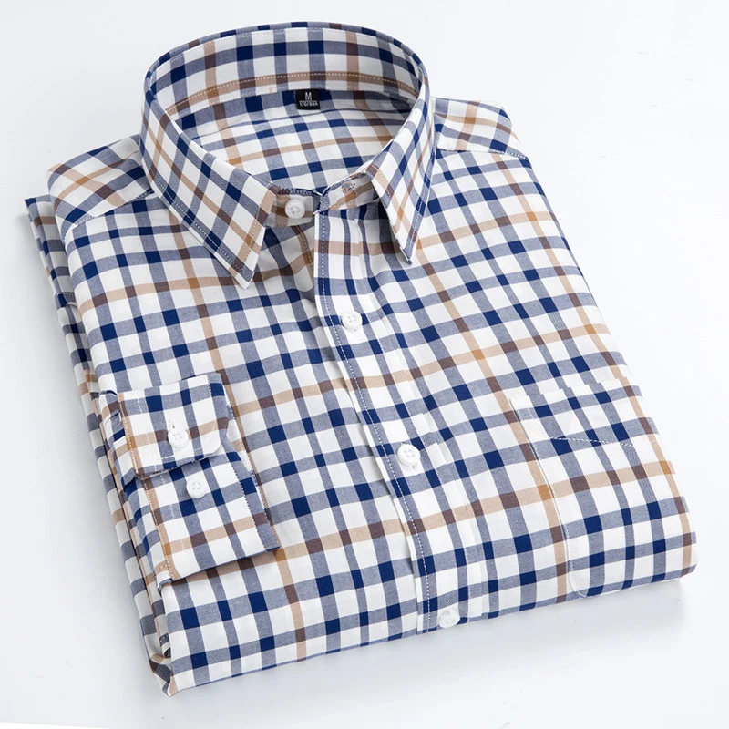 

Checkered Shirts For Men Pure Cotton Long Sleeve Button Collar Business Men's Casual Plaid Shirt 14colors Overshirt Male Tops