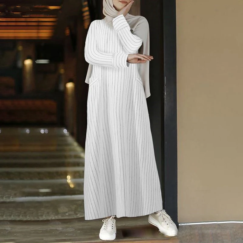 Women Muslim Long Sleeve Robe Cotton Linen Striped Round Neck Long Dress with Pocket Middle East Arab Dubai Loose Casual Clothes