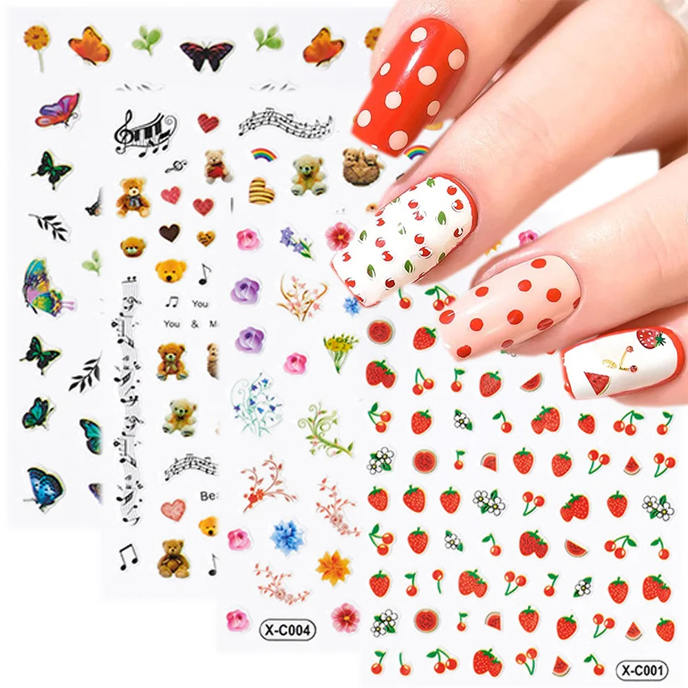 

1Pcs Cute Strawberry Nail art Sticker 3D Ultra Thin Cartoon/Bear/Flowers Self-Adhesive Kawaii Nail Silder DIY 8*10cm nails decal