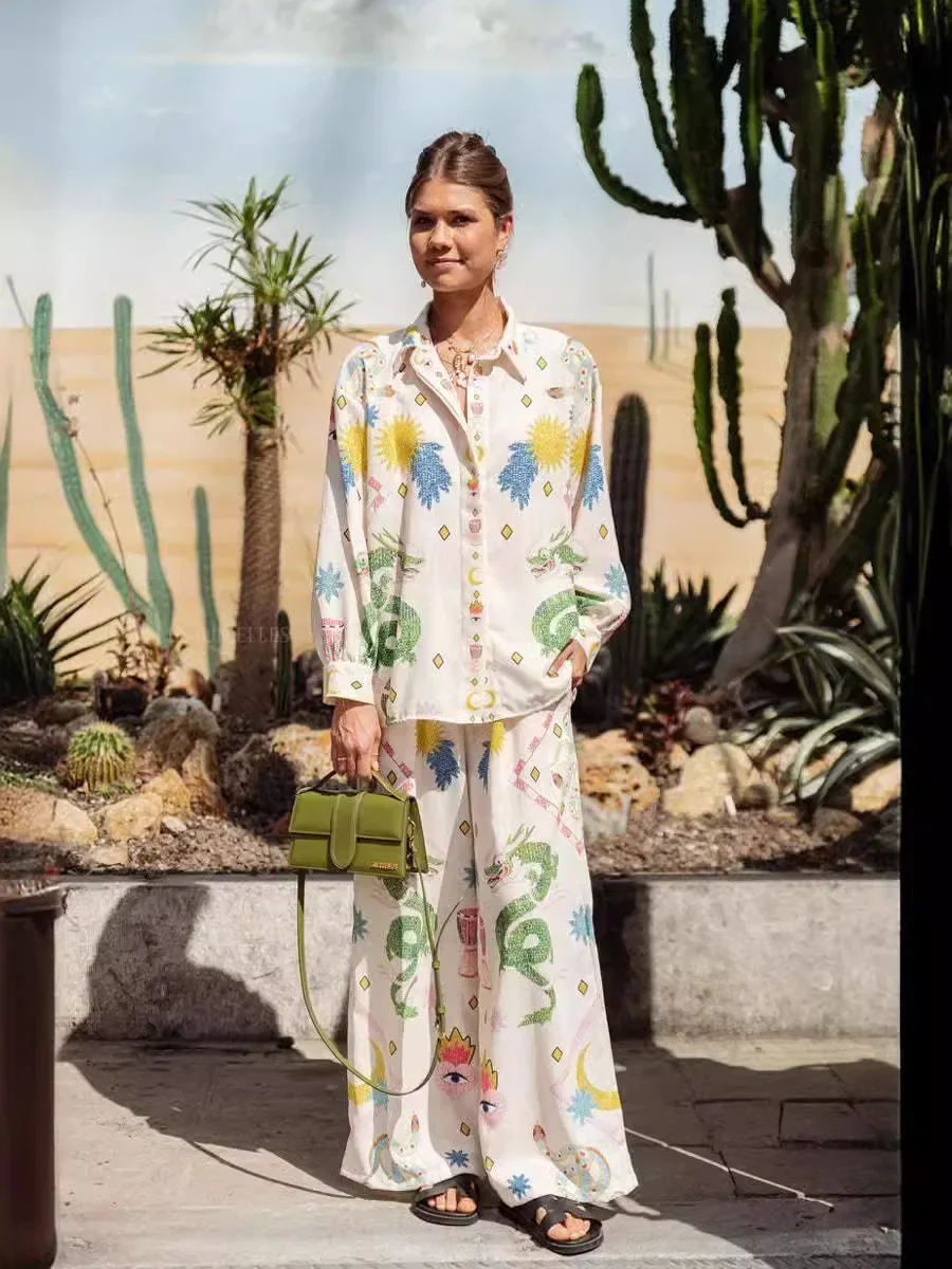 Женский Повседневный костюм-поло с принтом винтажная Свободная блузка длинным