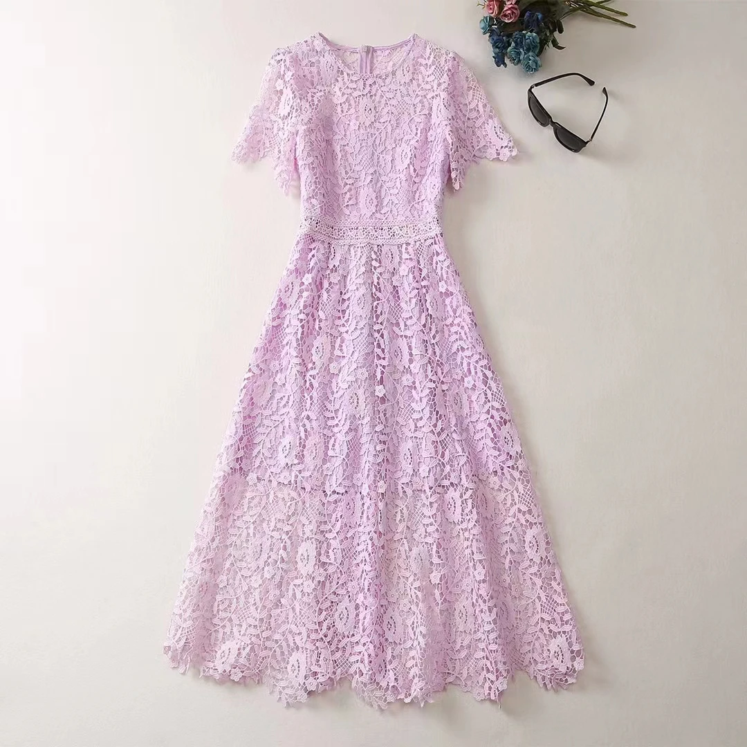 

Женская одежда в европейском и американском стиле, новинка весны 2023, модное фиолетовое кружевное плиссированное платье с коротким рукавом и круглым вырезом, XXL