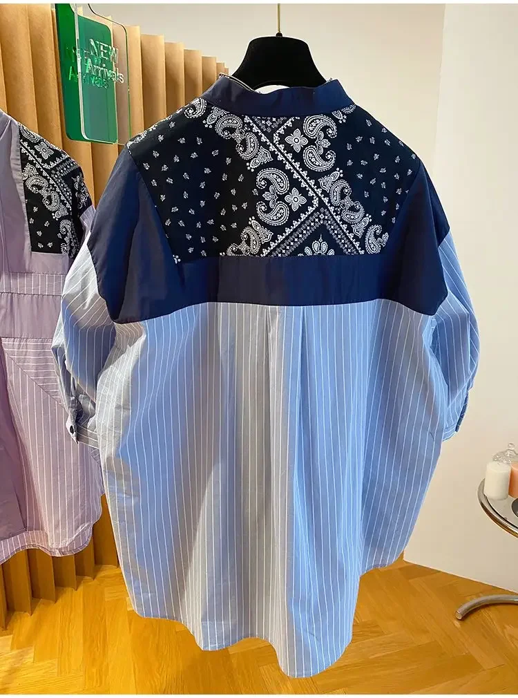 Женская рубашка в полоску с коротким рукавом Свободный Топ ретро стиле из хлопка