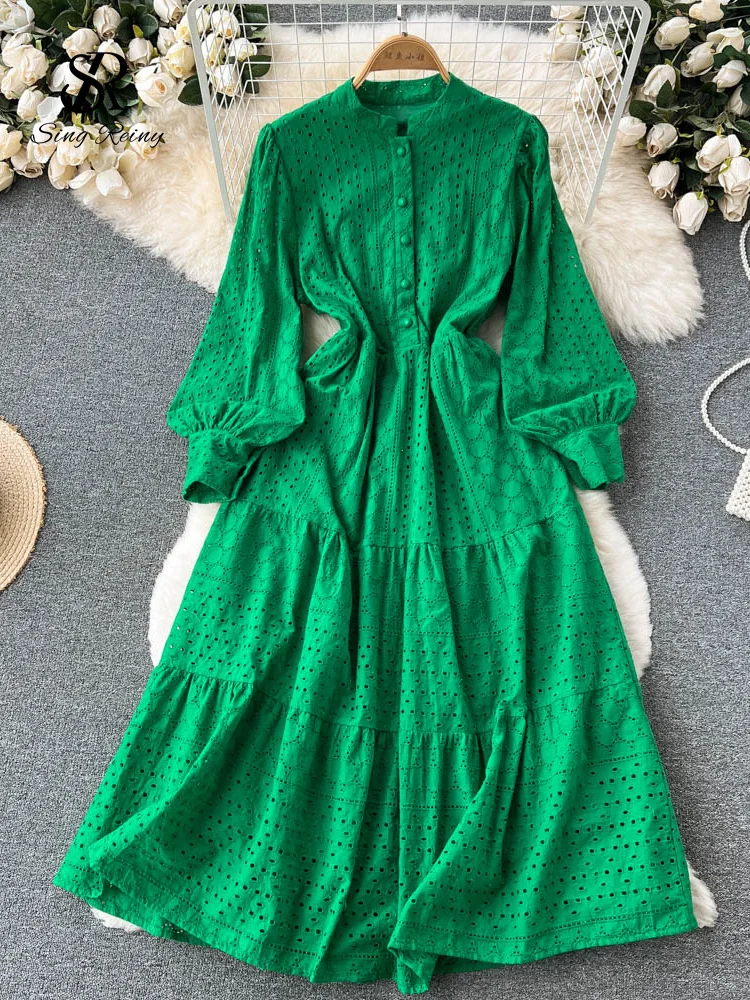 

LIRUICHENG Embroidary Single Breasted Solid Dress 2023 Hollow Out Slim O Neck Long Sleeves Ladies A Line Summer Long Dresses