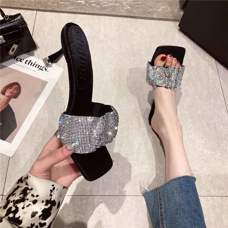 2022 Versatile New Rhinestone Ankle-Strap Open Toe Sandals Internet Celebrity French High Heels Women's Stiletto Heel Black