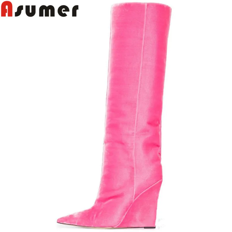 

ASUMER 2023 Size 34-43 New Flock Knee High Boots Wedge Super High Heels Autumn Boots Woman Ladies Slip On Shoes