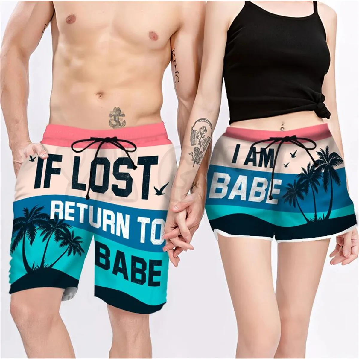 Return To Babe 3D All Over Printed Couple Matching Men's Women's Shorts Quick Drying Beach Shorts Summer Beach Swim Trunks