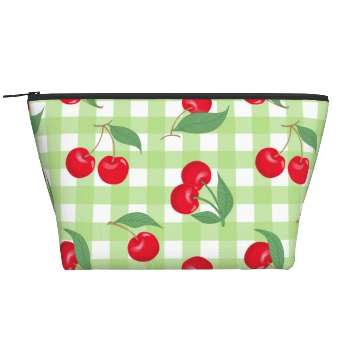 

Red Cherry Fruit Zip Storage Organizers Green Leaves Plaid Print Women's Makeup Bag For Necessaries Organization Cosmetic Bags