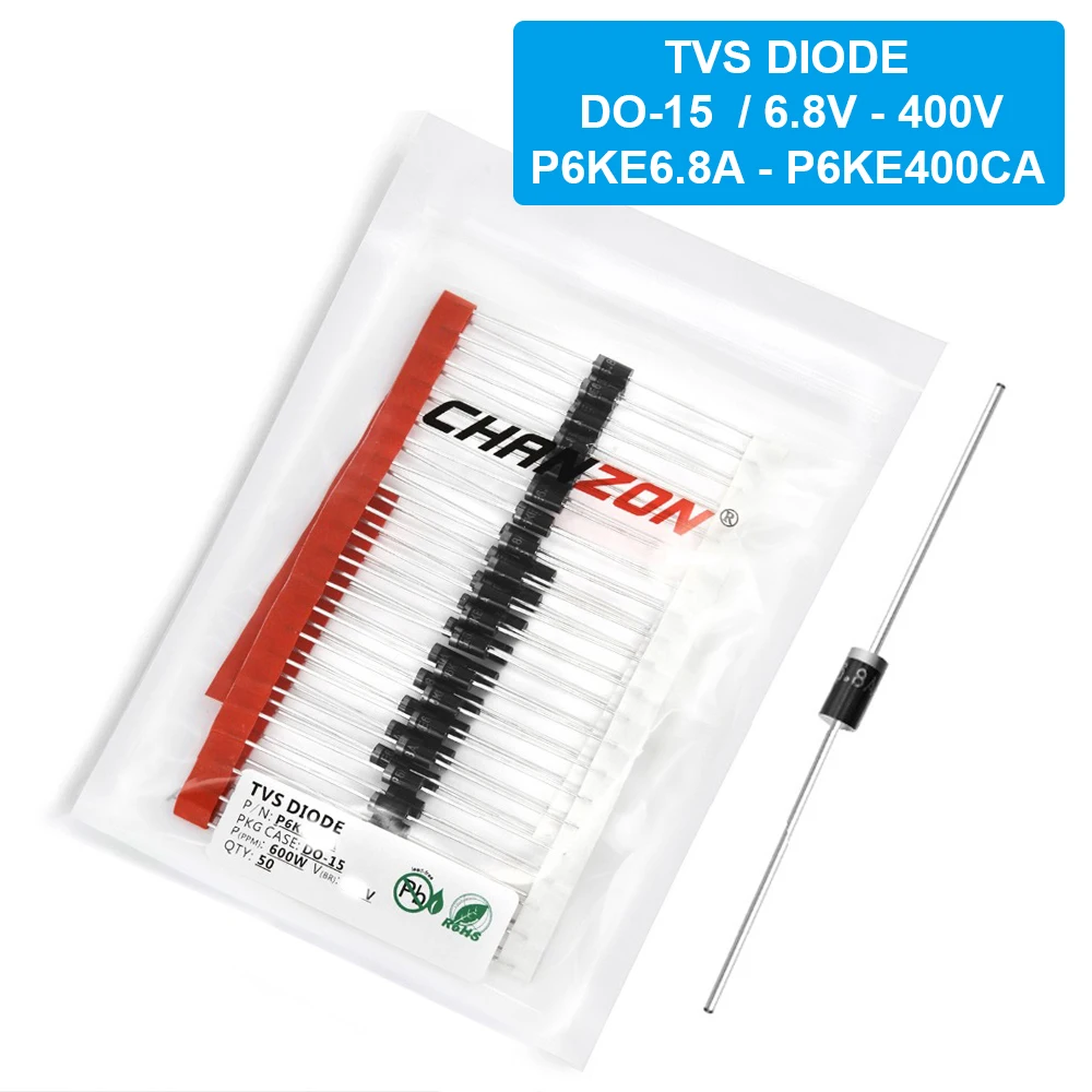 50 шт./упак. TVS Diode DO-15 600W 6,8 V - 400V P6KE6.8A P6KE12A P6KE15A P6KE18A P6KE24A P6KE51A P6KE100A P6KE180A P6KE200A P6KE400A