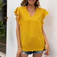 chifirena summer blouse women ruffles v neck casual tops sweet cute solid blusas femme pullovers loose blouse woman