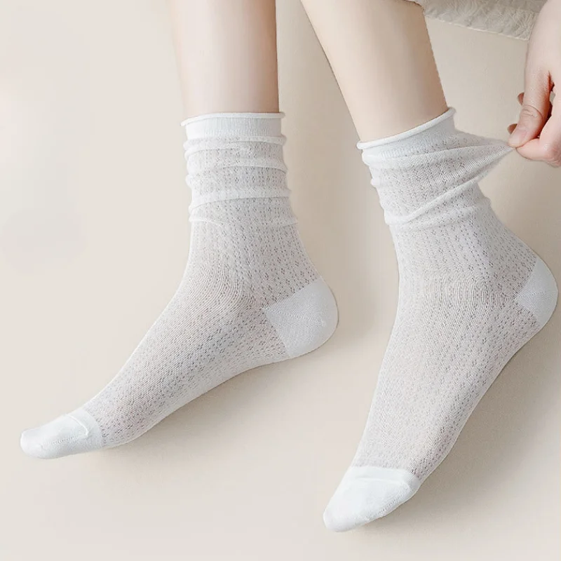 5 Pairs Summer Women Cotton Socks Middle Tube Mesh Solid Color Breathable Spring Loose Long Socks Thin Soft Ruffle Casual Sock