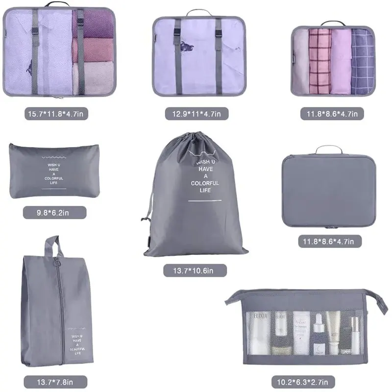 Travel Cubes Set, 8Pcs Lightweight packing cubes, Travel Luggage Organizer Bag Set for Travel Accessories,Gray