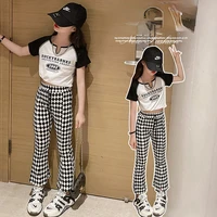 2022 summer raglan short sleeved contrast color t shirt ice silk plaid flared pants two piece fashionable girl thin suit