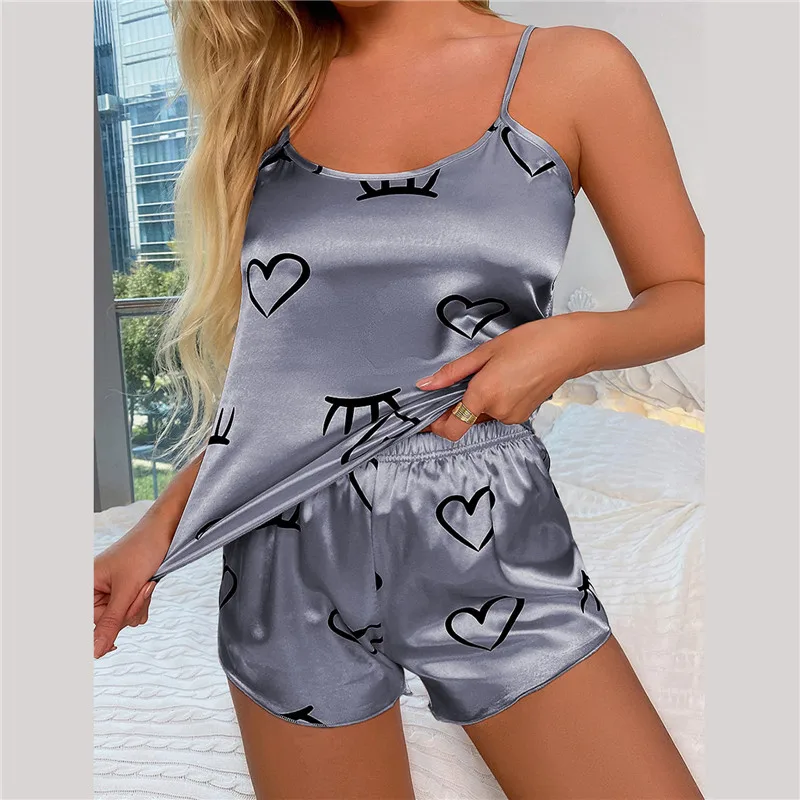 2023 New Fashion Sexy Floral Pajamas Set Women's 2-piece Pajamas Silk Satin Halter Top and Shorts Pajamas