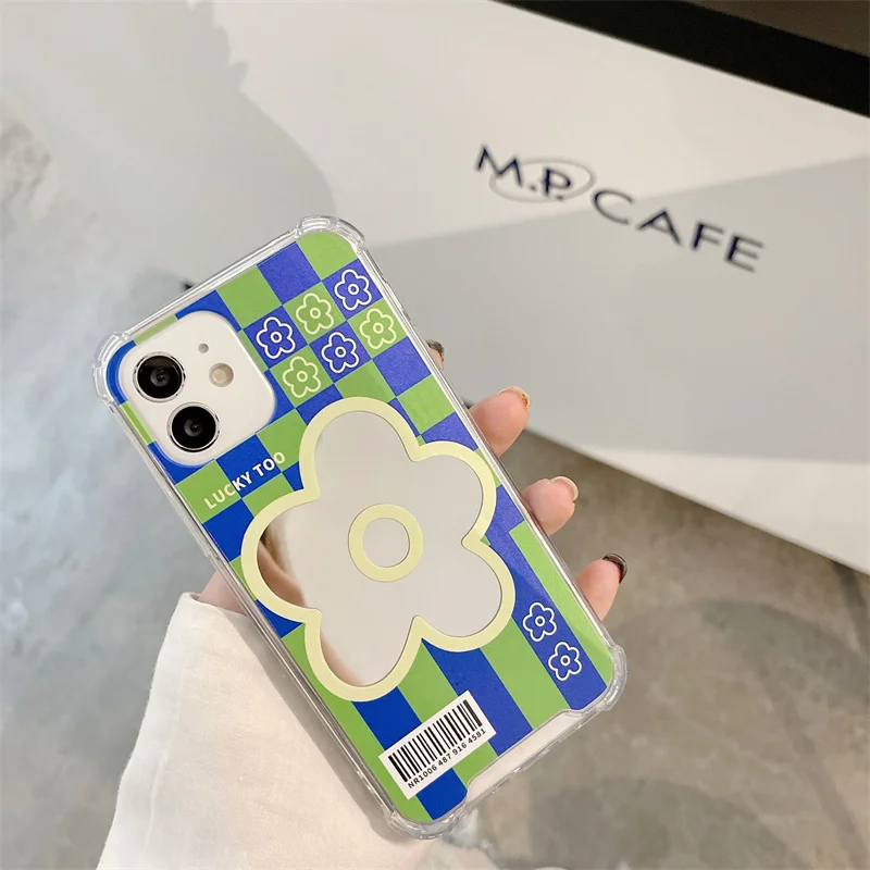 

Flowers Mirror Makeup Barcode Pattern Green Blue Checkerboard For iphone 11 12 13 Mini Pro Max XR Xs Max 7 8 Plus Phone Case