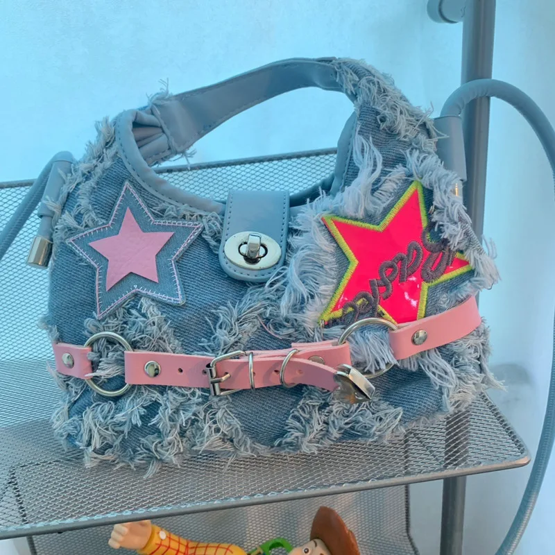 Denim Crossbody Bag Y2K Spicy Girl Korean Pentagram Patch Raw Edge Scalloped Pink Blue Contrast Cute Fashion Women Cosmetic Bags
