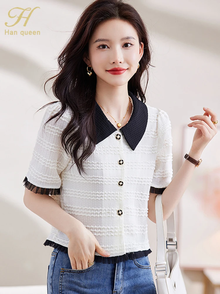 

H Han Queen New Summer Color Blocking Women's Blouses Vintage Blusas Work Casual Top Chiffon Blouse Elegant Simple Loose Shirts