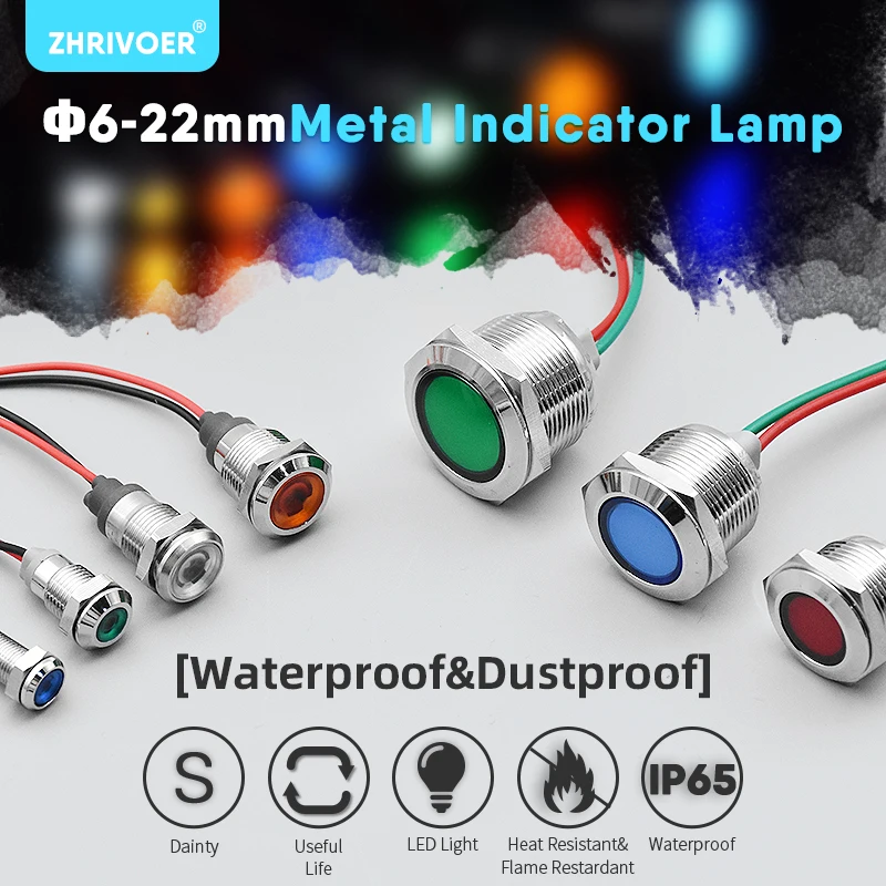 

1pcs 6-25mm Waterproof IP67 Metal LED Warning Indicator Light Signal Lamp Pilot Wire 3V5V6V12V24V220V 2pins Welding foot