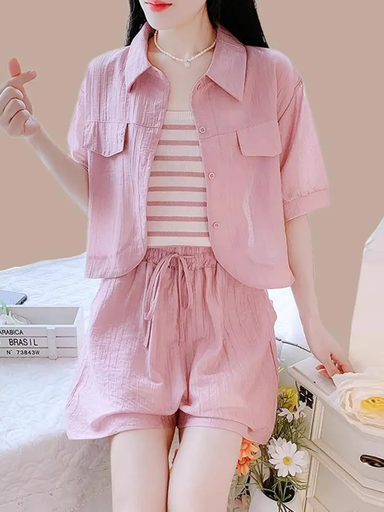Summer Clothes Matching Suit 2025 New Arrival Best Selling Small Loose Short Sleeve Jacket Stripes Younger Suspender Shorts F... |