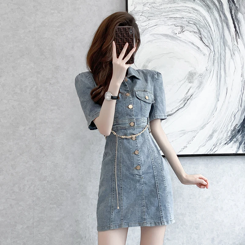 

Женское джинсовое платье с отложным воротником, винтажное облегающее однобортное платье мини с коротким рукавом и высокой талией, лето