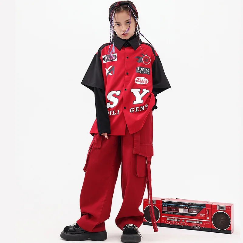 

Уличная одежда K-pop, костюм для джазовых танцев, городской Топ для девушек с надписью в стиле пэчворк, комплект брюк-карго для бега, модный праздничный костюм для сцены и показа