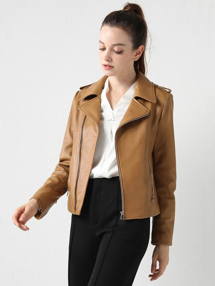 New Women Genuine Leather Jacket Spring Autumn Fashion Casual Suit Collar Coral Texture Sheepskin Short Coat Slim Outerwear