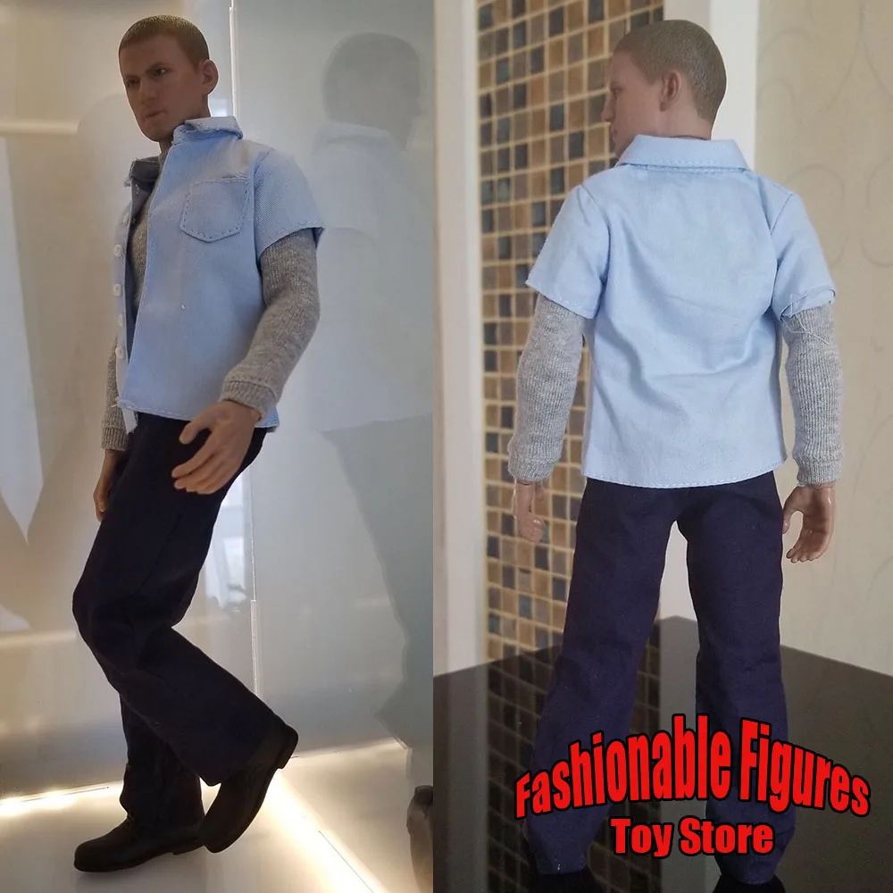 

1/6 Men Soldier Prison Break Actor Prison Uniform Shirts Grey T-Shirt Blue Pants Model For 12 Inches Action Figure Body