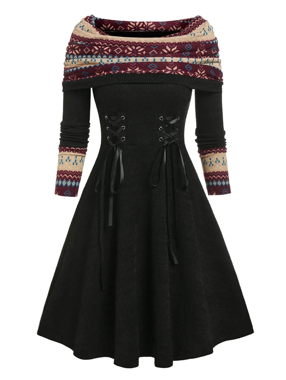 

Dressfo Vintage Ethnic Slanted Shoulder Fair Isle Print Ribbed Lace-up Slim Fit Knit Dress 2022 Autumn Winter Dress For Women