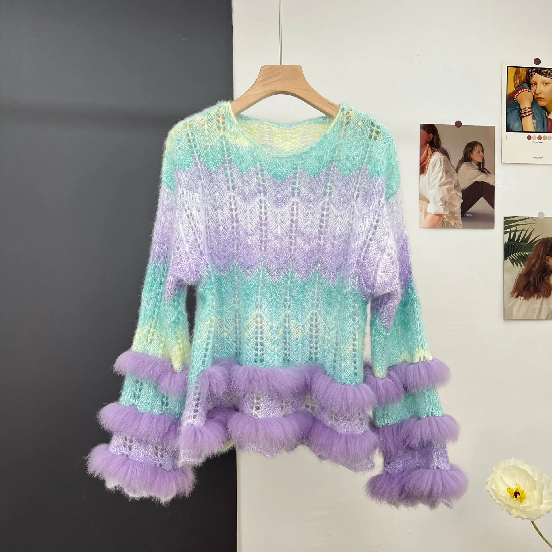 Осенний наряд со скидкой новый меховой семицветный вязаный свитер сказочный