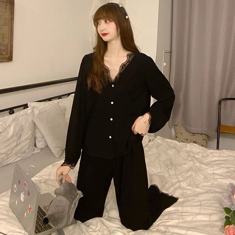 Black Lace Pajamas Spring and Autumn Women's Long Sleeve Pure Cotton Thin V-neck Home Clothes 2022 New Suit Casual