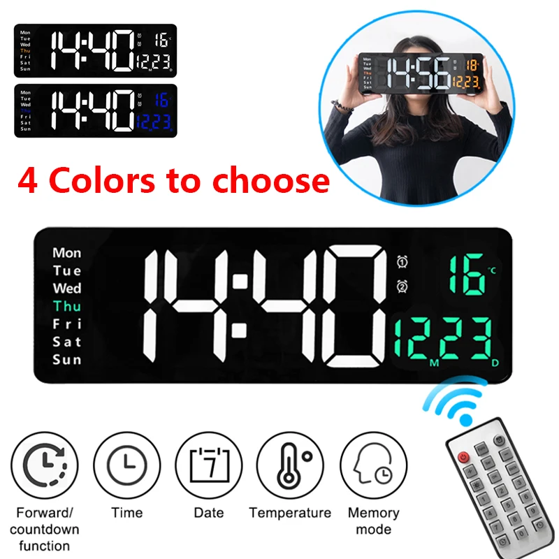 

Большие светодиодные цифровые настенные часы, дисплей с отображением даты и недели, с дистанционным управлением на память, электронные буд...