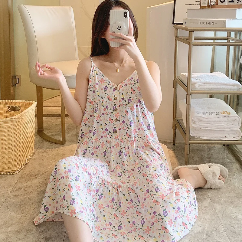 Womens Nightgown Spaghetti Straps Summer Soft Thin Cotton Nightdress Sleepwear Floral Print Sleep Dress House Dress with Button