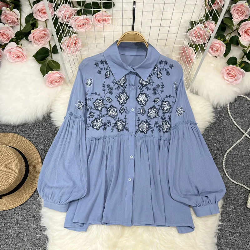 

Women Shirt 2023 Spring Vintage Ethnic Style Embroidered Shirt Bubble Sleeve Loose Versatile Elegant Holiday Top camisas mujer