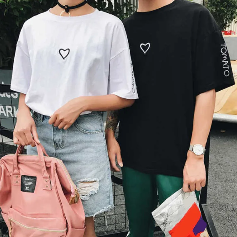 

New Summer Couples Lovers T-Shirt Women Casual White Tops Tshirt Solid Mens Womens T Shirt Love Heart Embroidery Print Female