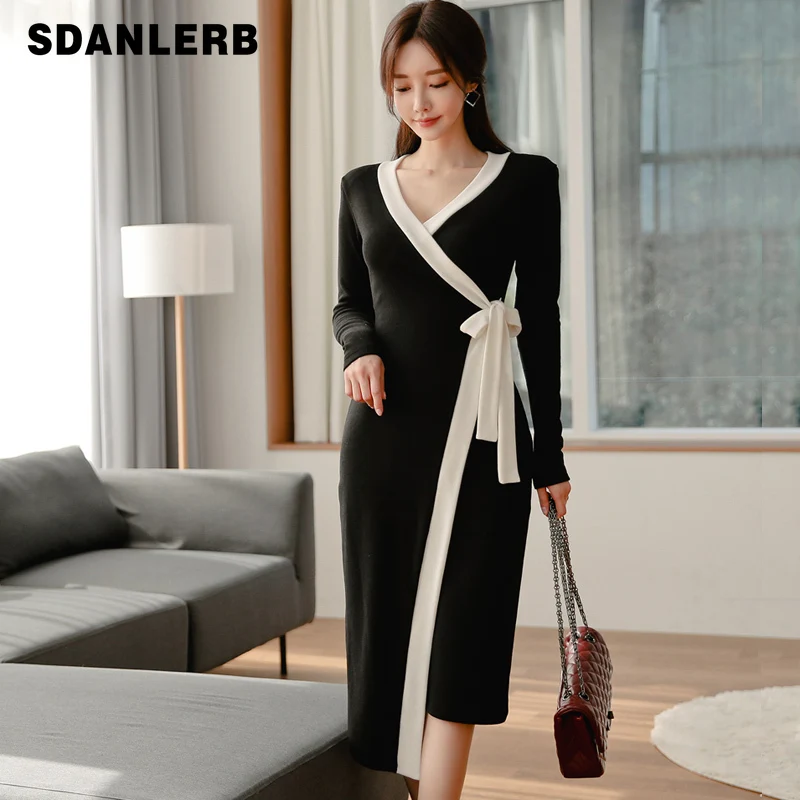 

Женское трикотажное платье средней длины, элегантное облегающее платье средней длины с V-образным вырезом и шнуровкой, подчеркивающее инди...