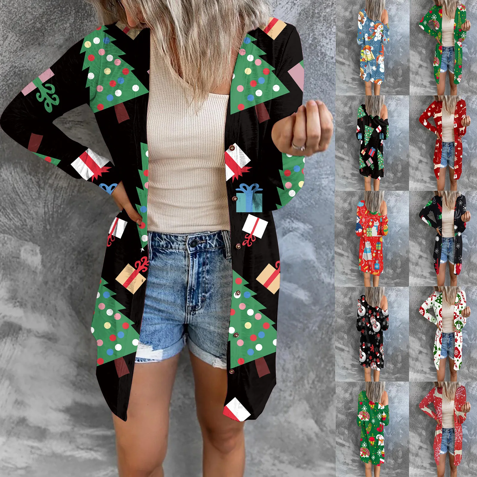 

2022 New Women's Christmas Print Fashion Button Long-sleeved Cardigan Women Plus Size 3XL Cardigan for Women Knitted Sweater