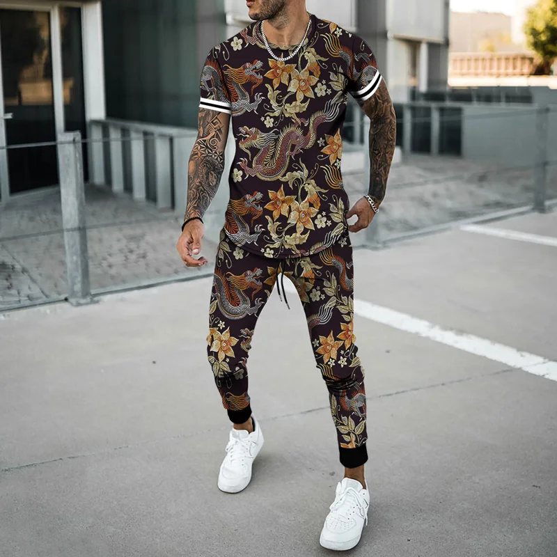 Men's Summer Cool Streetwear Suit Short Sleeve T Shirt Set Tracksuit 3D Printed Sportswear 2 Piece Loose Clothes Jogging