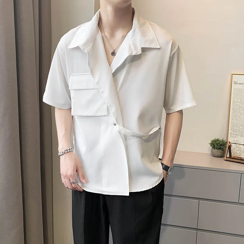 Men's Irregular Short Sleeve Summer Light Mature Fashion Youth Ruffian Handsome Design Casual White Shirt