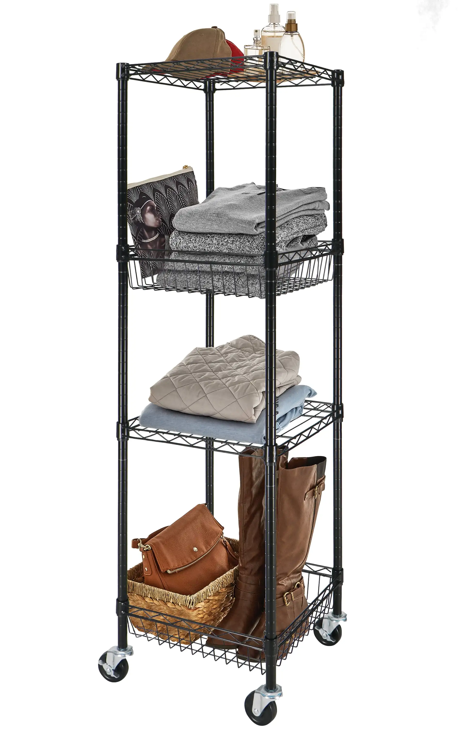 

4 Tier Tower Wire Shelf Unit, Black, Capacity 500 lbs Organizado