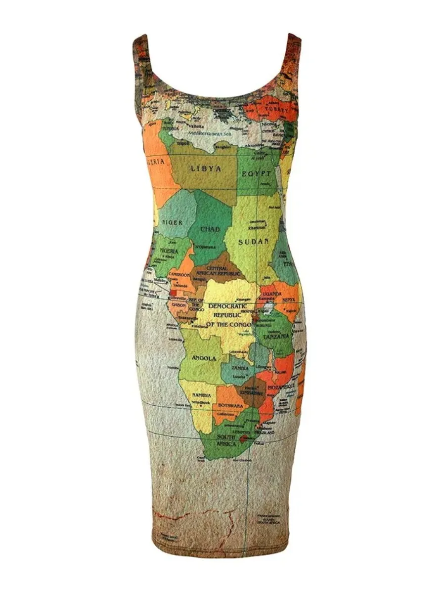 LW Plus Size World Map Letter Print Bodycon DressSummer Dresses for Women 2023 Sexy Sleeveless U-Neck Bodycon Mini Daily Dress