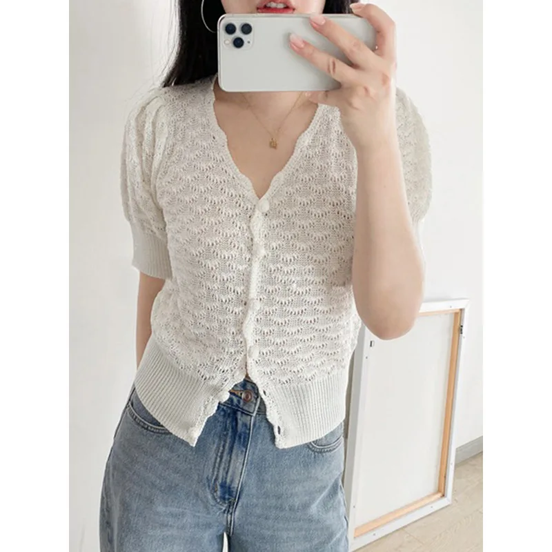 

Hollow Knit Pleated Puff Sleeves Rib Hem Wave Lace Placket Ladies Knitted Crochet Sweater