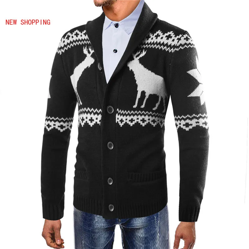 Spring Autumn Fashion Warm Christmas Sweater Men Deer Printed Jacket Coat Casual V Neck Knitting Mens Cardigan Sweaters Brand