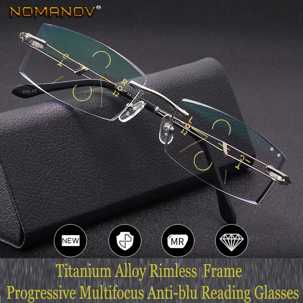 

NOMANOV = Progressive Multifocal Reading Glasses Titanium Alloy Rimless Diamond Cut See Near And Far TOP 0 ADD +0.75 To +3