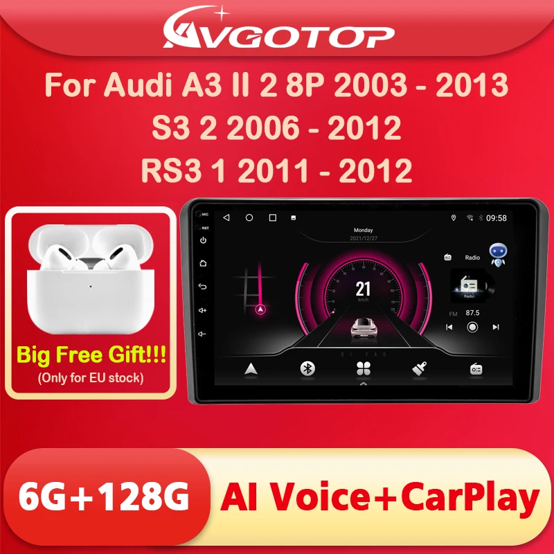 

AVGOTOP Android 11 автомобильный мультимедиа для AUDI A3/S3/RS3 2003-2012 AI голосовой Carplay навигатор стерео GPS Авторадио