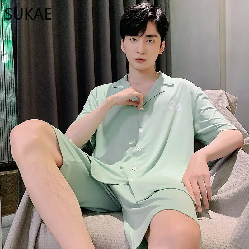 SUKAE Summer Modal Cardigan Sleepwear for Man Fashion Man's Casual Turn-down Collar Shorts Chic Design Boys Pijamas Homewear Set
