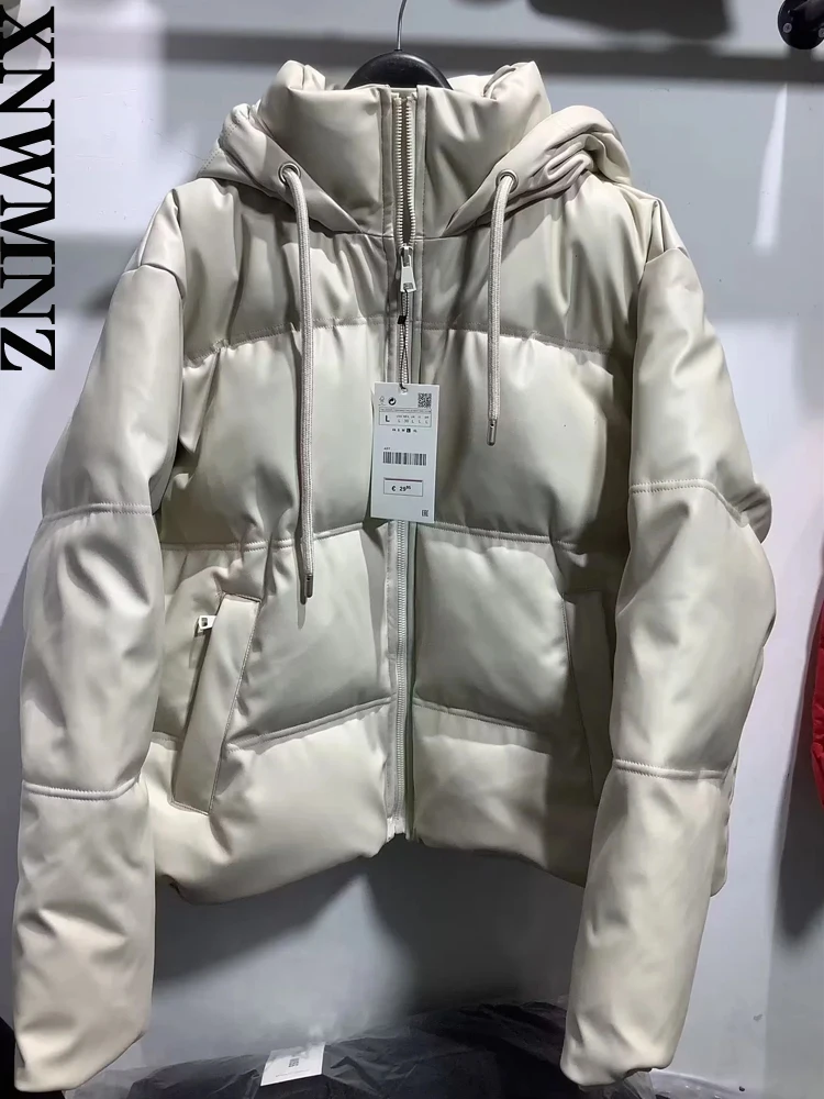 XNWMNZ Women Fashion Winter Warm Faux Leather Hooded Padded Jacke Stand Collar Thickened Long Sleeves Zip Coat Female Outerwear