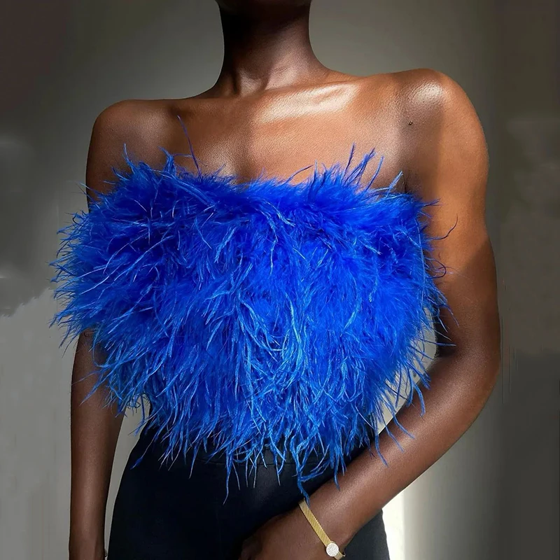 Sexy Feather Cropped Tank Top Women Fashion Fluffy Backless Solid Tube Tops Female 2023 Spring Summer Lady New Party Club Vest