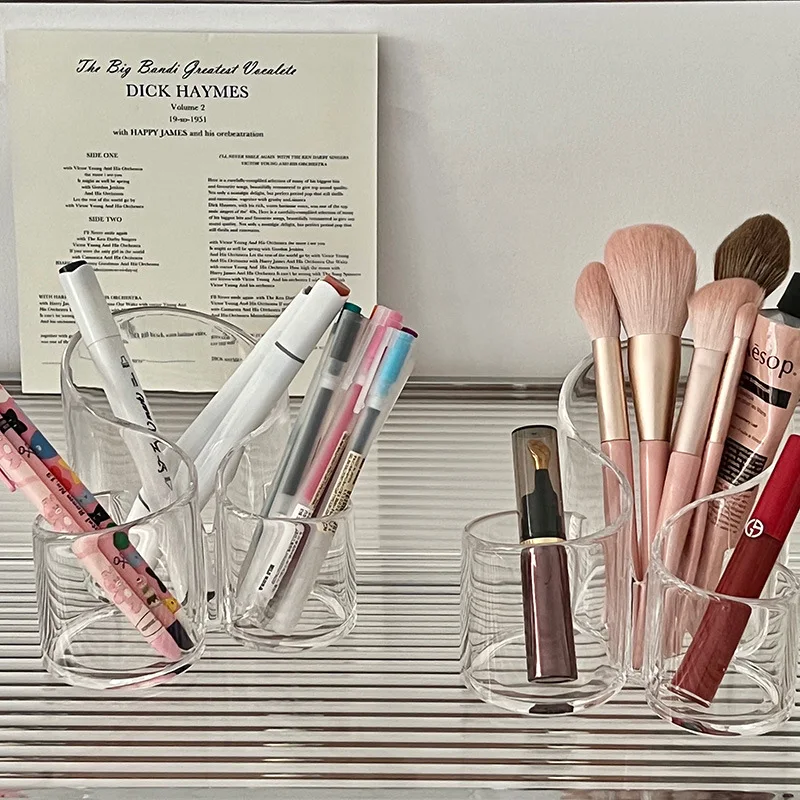 

Makeup Brush Tool Acrylic Brush Transparent Holder Organizer 3-hole Arc Storage Cosmetic Tool Desktop Box Makeup Makeup Makeup
