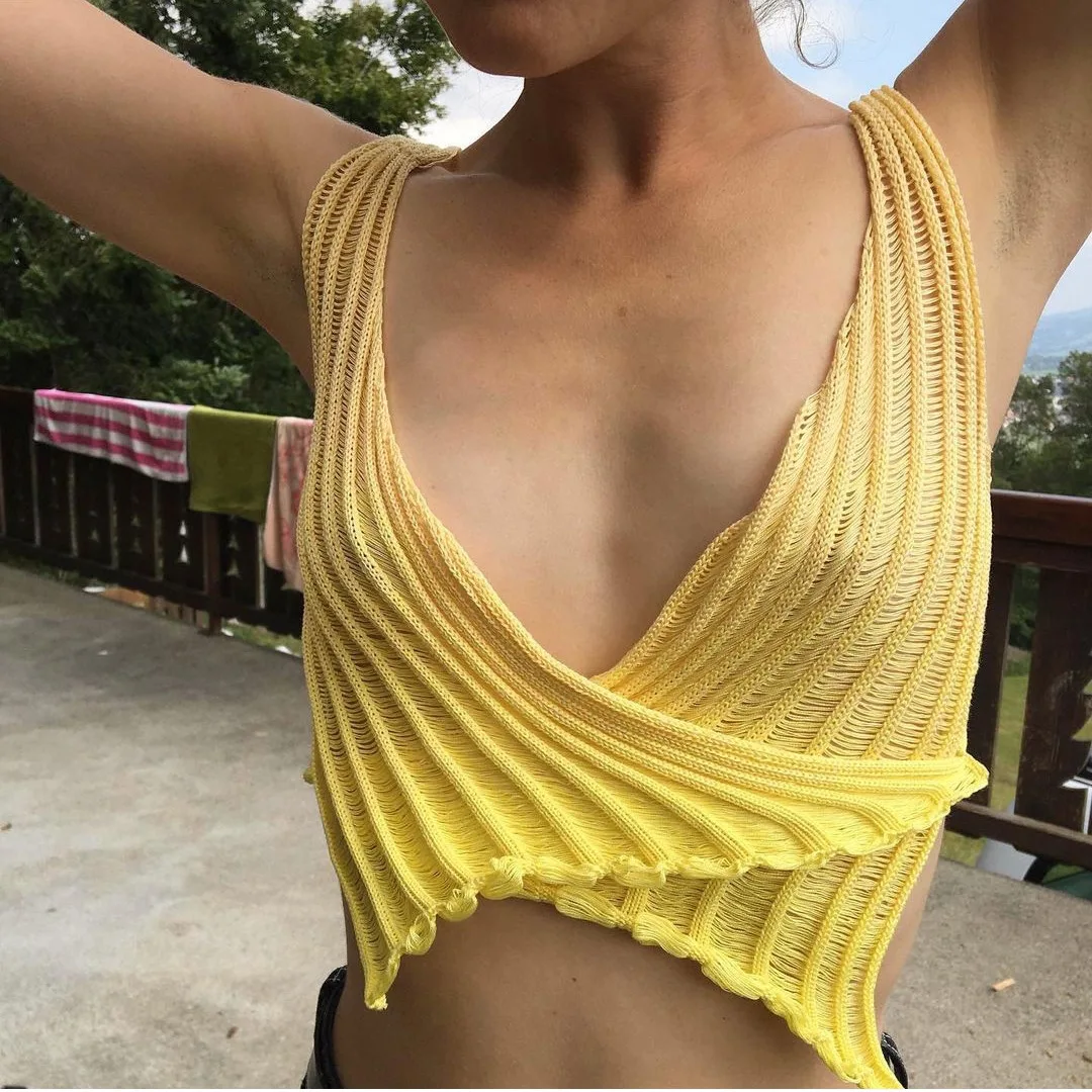 

y2k Knitted Crop Tops Women's Summer T-shirt Solid Color Deep V Neck Sleeveless Crossover Knit Female Tank Tops Vest